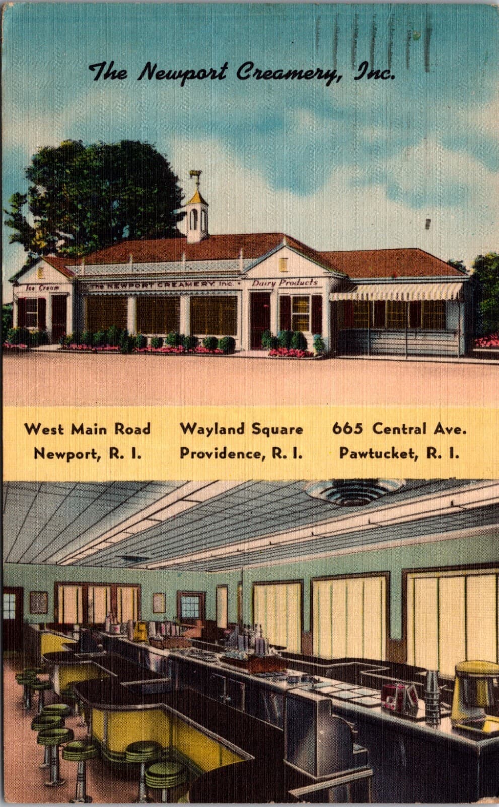 Newport Creamery 1940s vintage postcard showing original exterior and interior